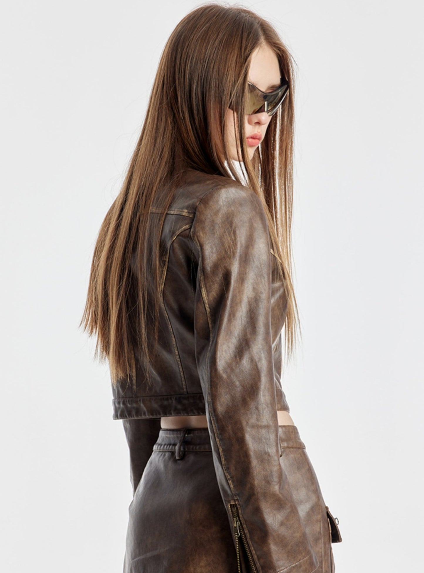 Leather Top With Short Skirt And Lapel Jacket Set-Up