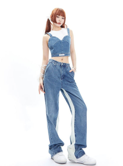 Strap Tank Top Denim Pants Two Piece Set