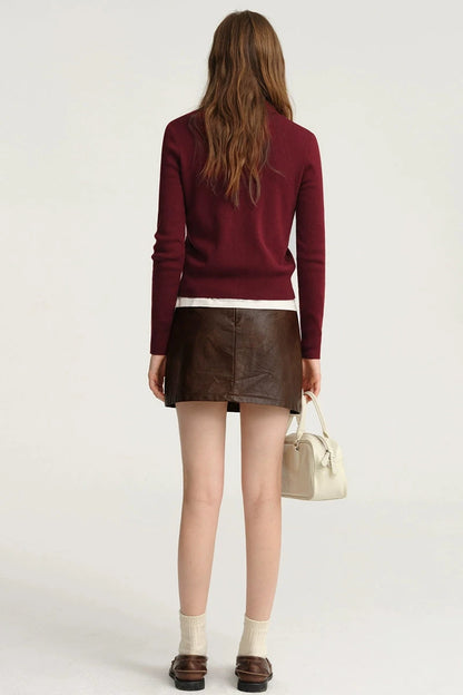 DESIGNER PLUS MAYILLARD BROWN RETRO LEATHER SKIRT WOMEN'S AUTUMN SMALL FIGURE SLIM A-LINE HIP SKIRT