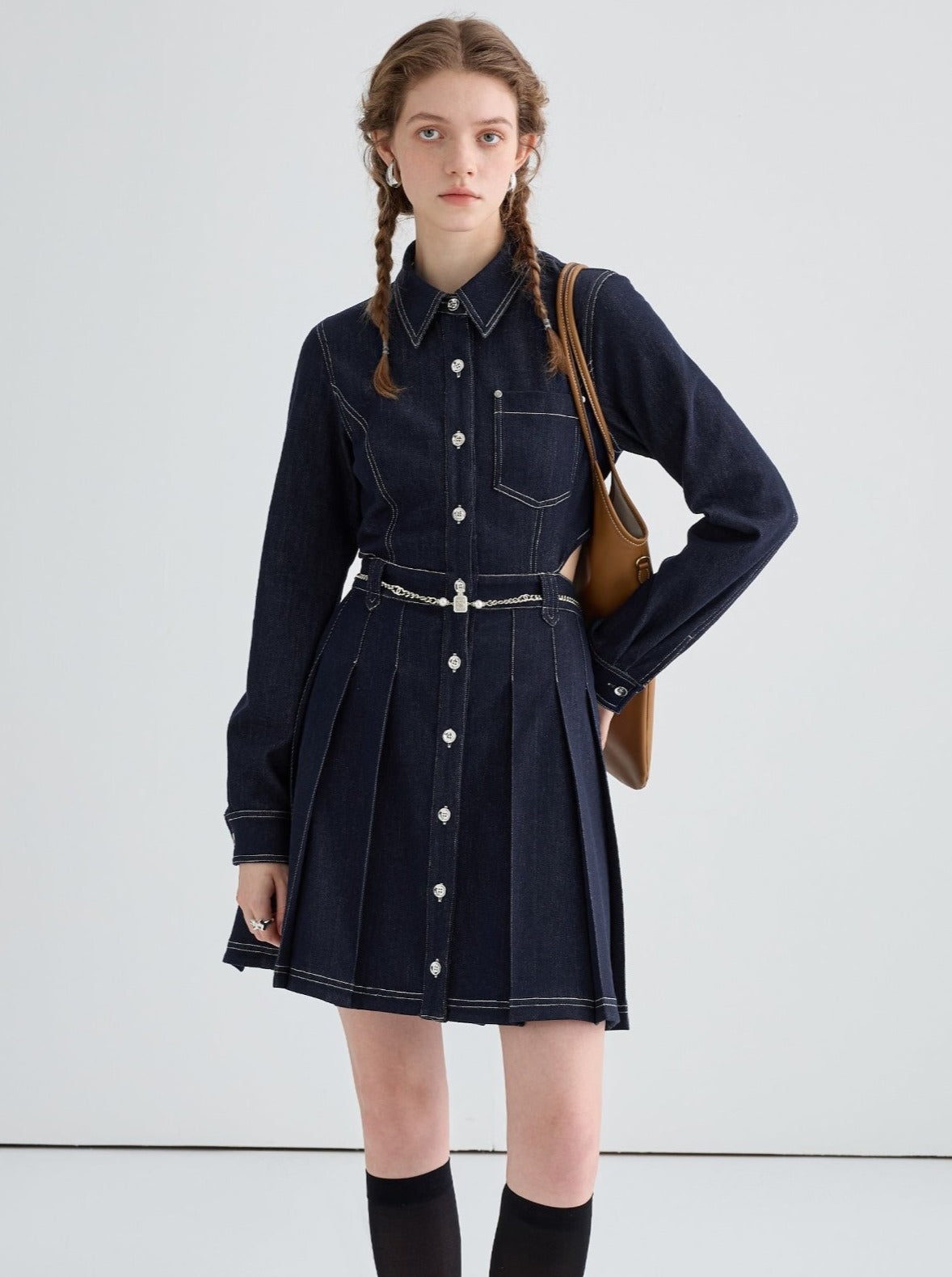 Back waist hollow dark blue denim dress