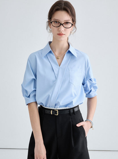 French V-Neck Casual Shirt And Skirt Set-Up