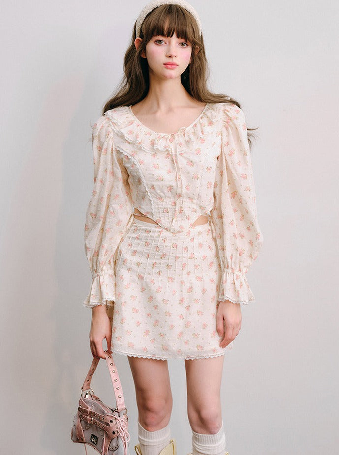 Floral long-sleeved shirt and skirt Set-up
