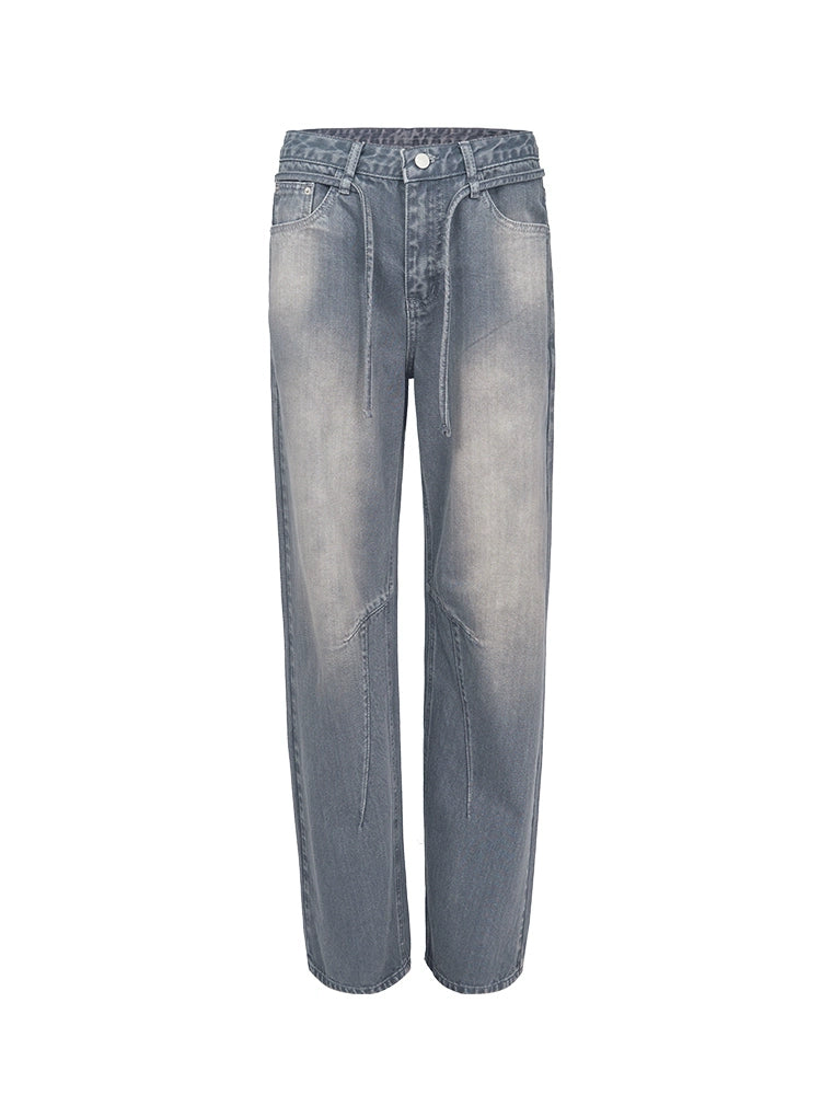 Blue Washed Straight Non-Stretch Pants