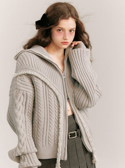 Knitted Lapel Zipper Cardigan Coat