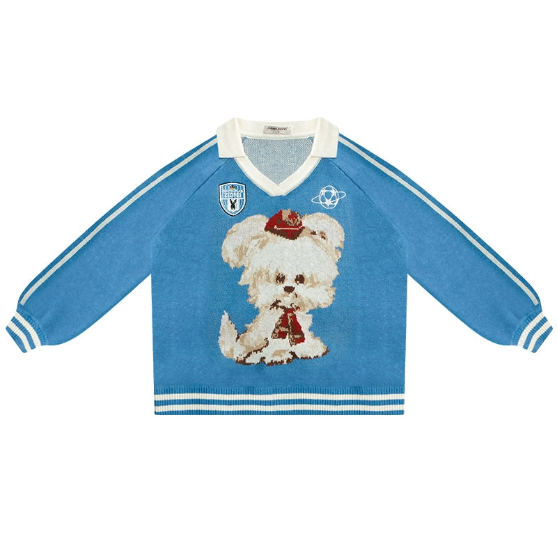 ziziFei autumn and winter American retro design sense poloV neck blue soft glutinous lazy sports style dog sweater women