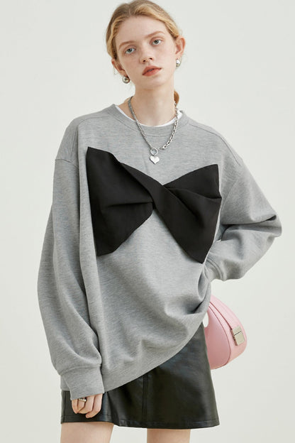 VEGA CHANG Crew Neck Sweatshirt Women's Fall 2024 New Design Bow Gray Loose Top