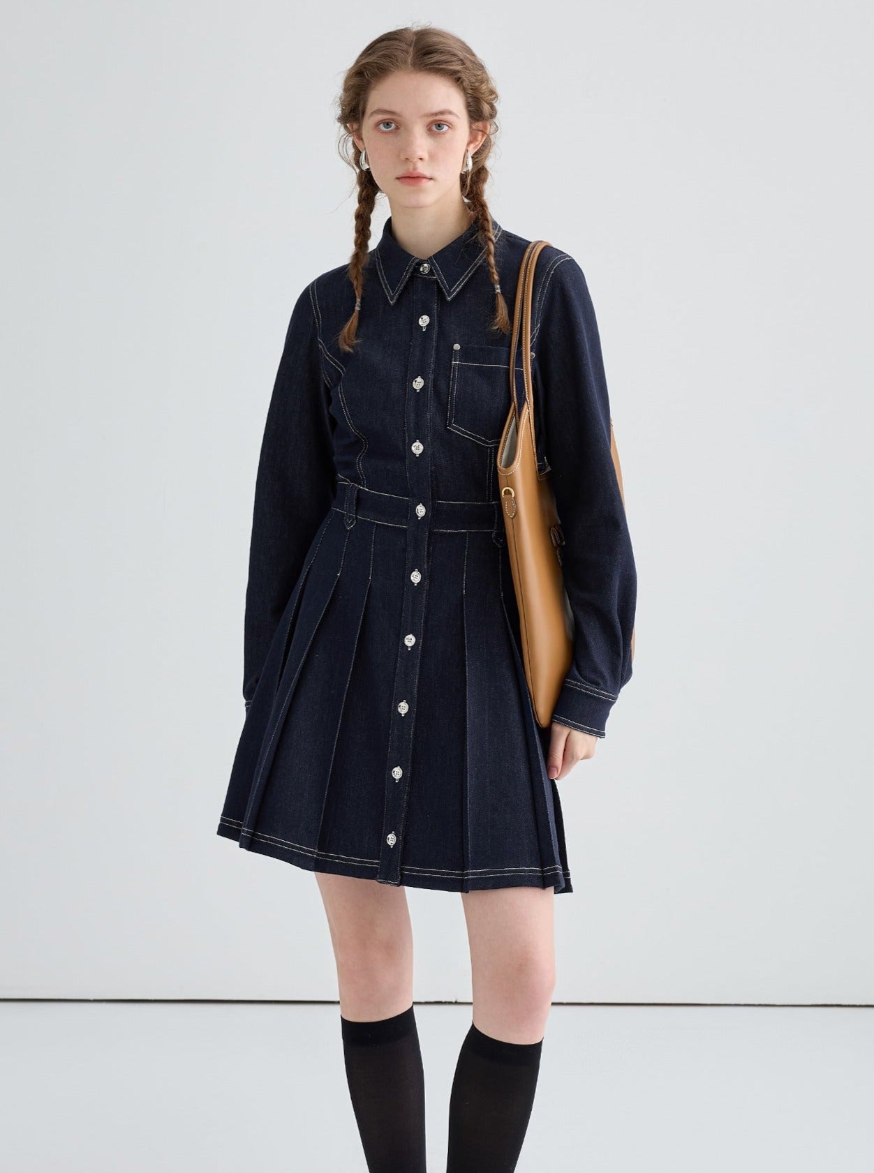 Back waist hollow dark blue denim dress