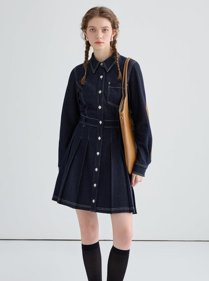 Back waist hollow dark blue denim dress