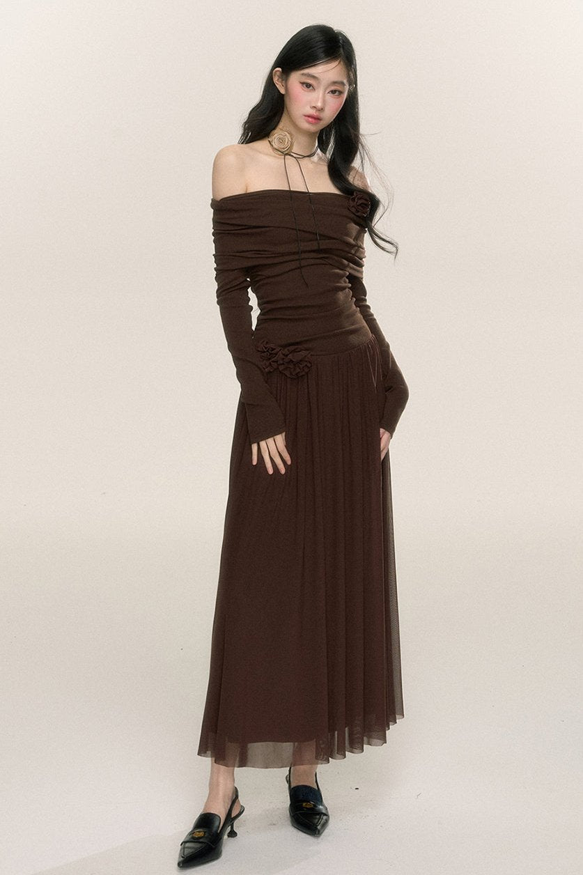 Long-Sleeve One-Shoulder Maxi Dress