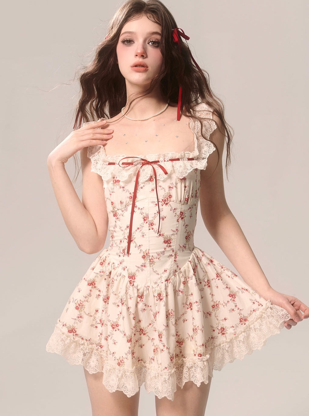 Less eyes rich rose floral French lace dress women's puffy skirt summer beautiful temperament sundress