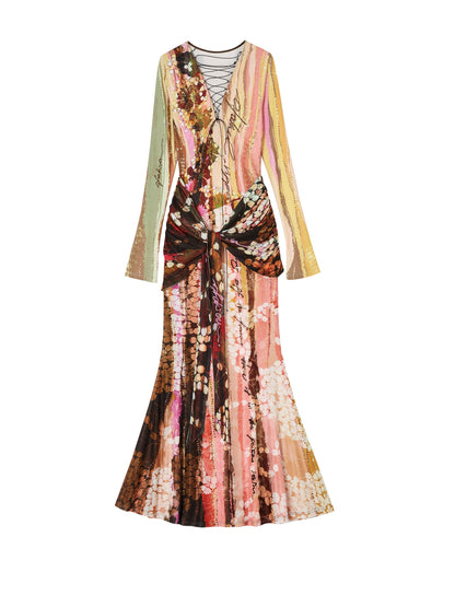 Lotus Print Fake Two-Piece Mermaid Dress