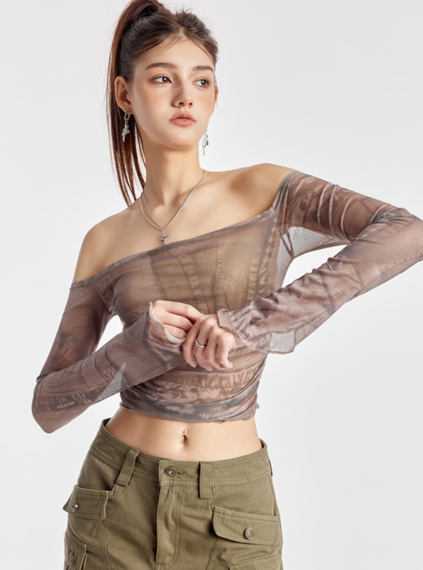 One-Shoulder Pleated Mesh Top