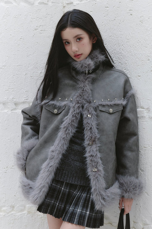 Gray Korean Versatile FUR JACKET