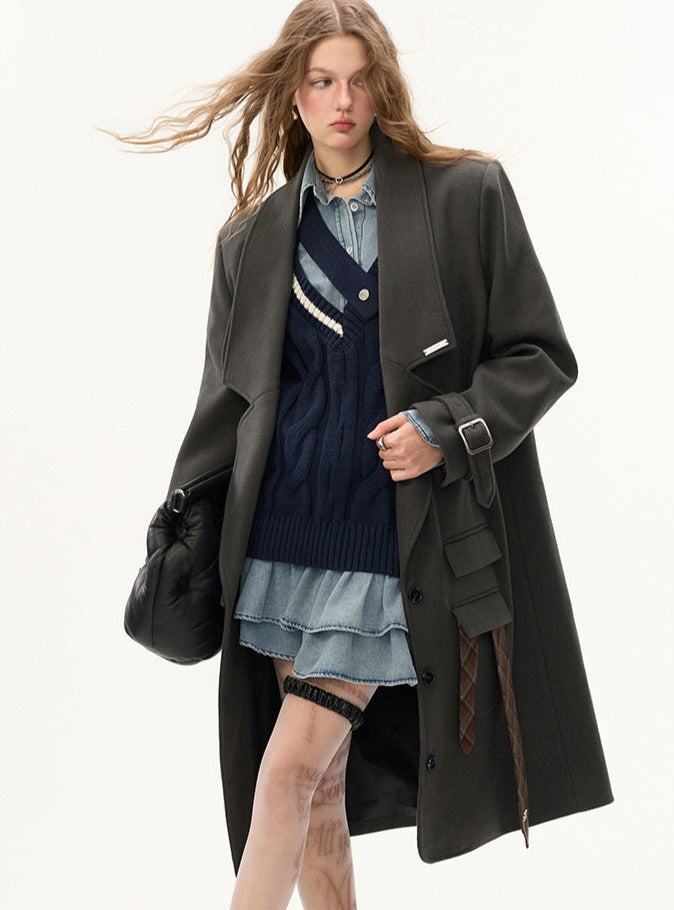 Collar woolen long blazer jacket