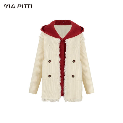 Mid-length hooded detachable knitted coat