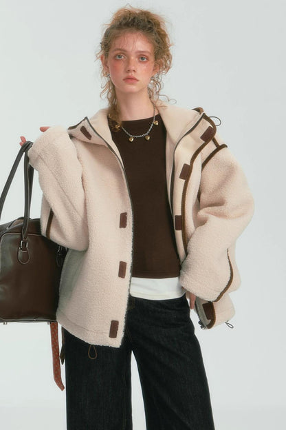 Contrast Piping Fleece Coat