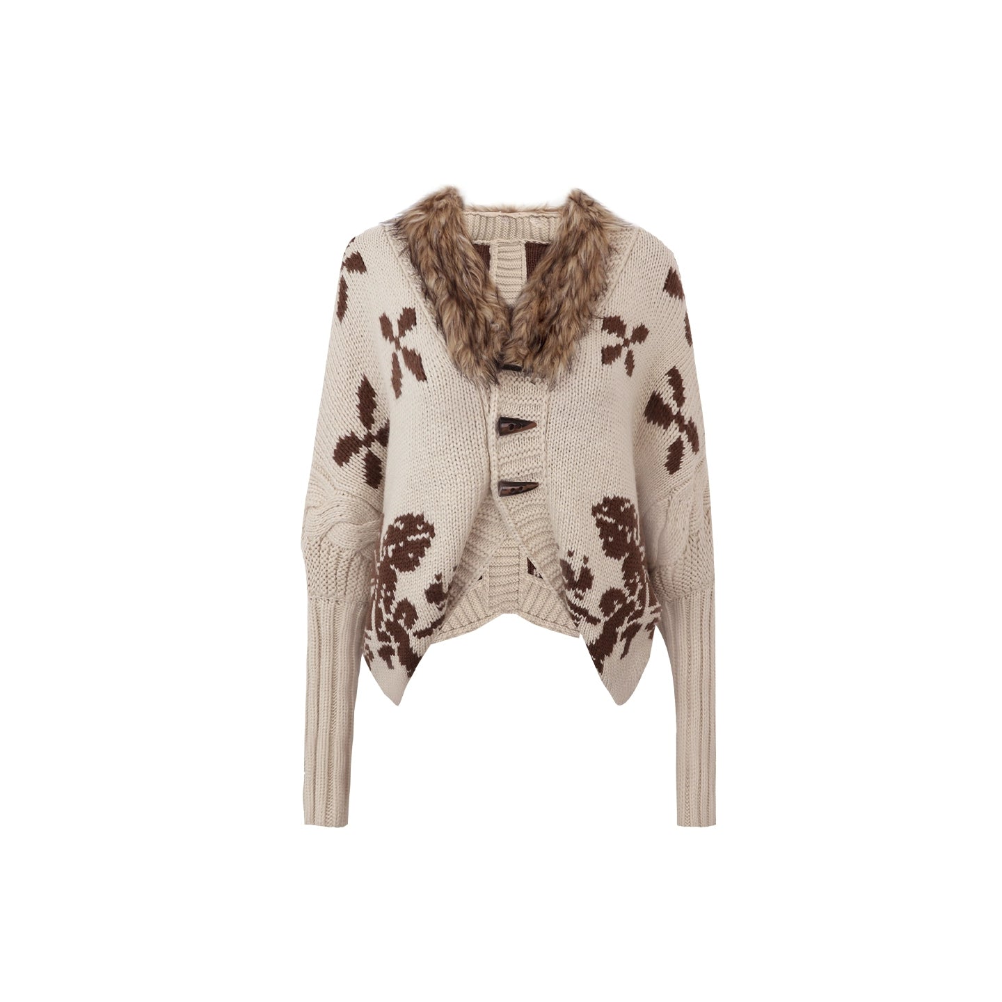 Jacquard Fur Collar Batwing Jacket
