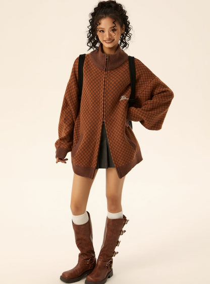 Retro high-neck loose knitted cardigan sweater jacket