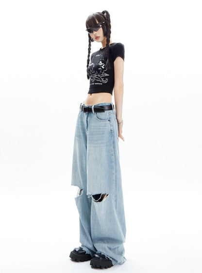 Washed Old Loose Straight Leg Jeans Pants