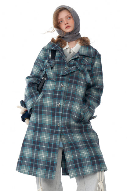 ziziFei autumn and winter American retro sense of luxury mid-length bow blue tartan coat jacket women