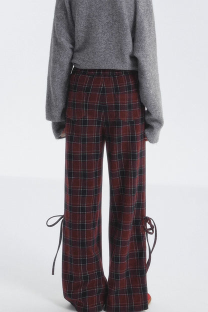 체크 드로스트링 보우 바지 