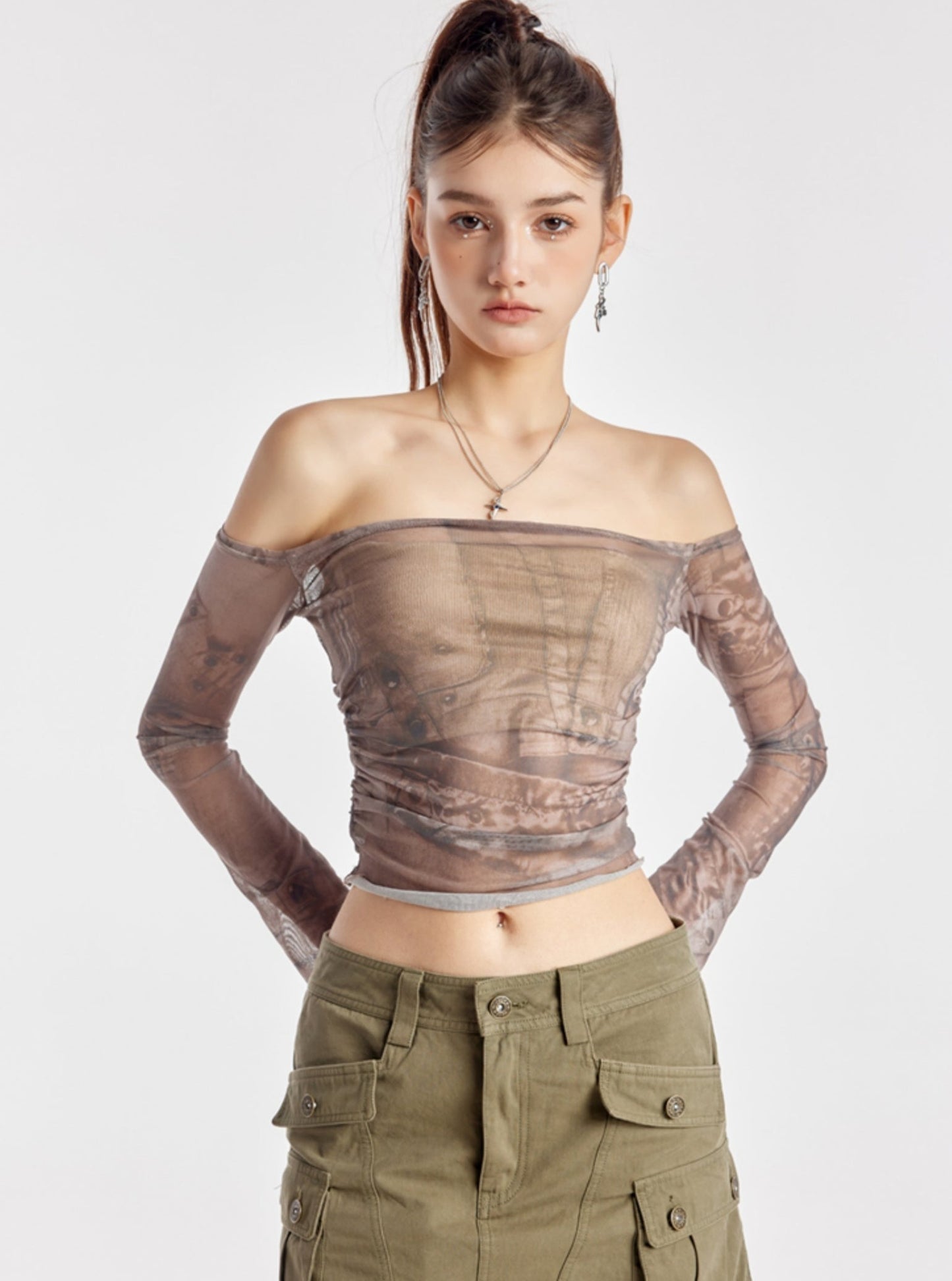 One-Shoulder Pleated Mesh Top