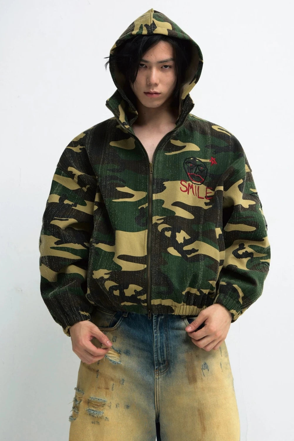 Punk Camouflage Tree Scratch Hooded Jacket