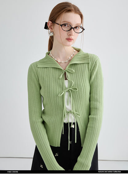 Polo Neck Tie Up Cardigan Knitted Top