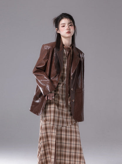 Wax Leather Blazer With Skirt Set