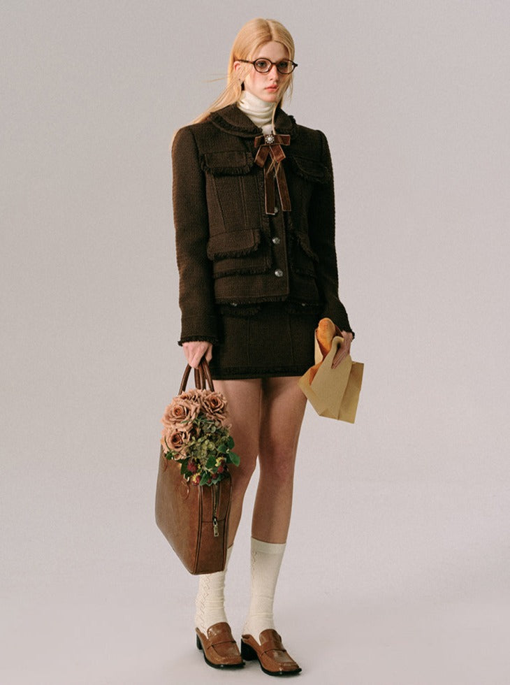 Chocolate Velvet Rose Jacket Skirt Set