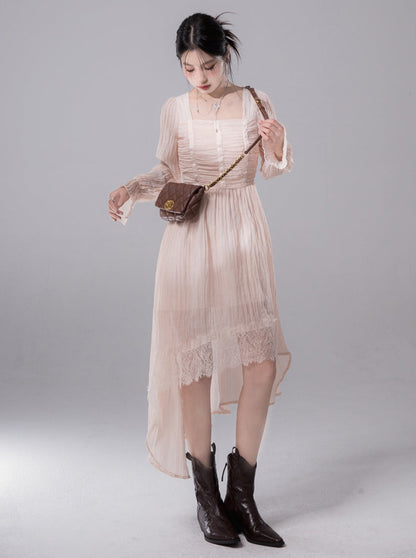 irregular hem lace long-sleeved dress