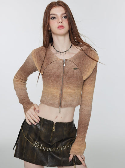 One-Shoulder Gradient Cropped Knit Long-sleeved Top