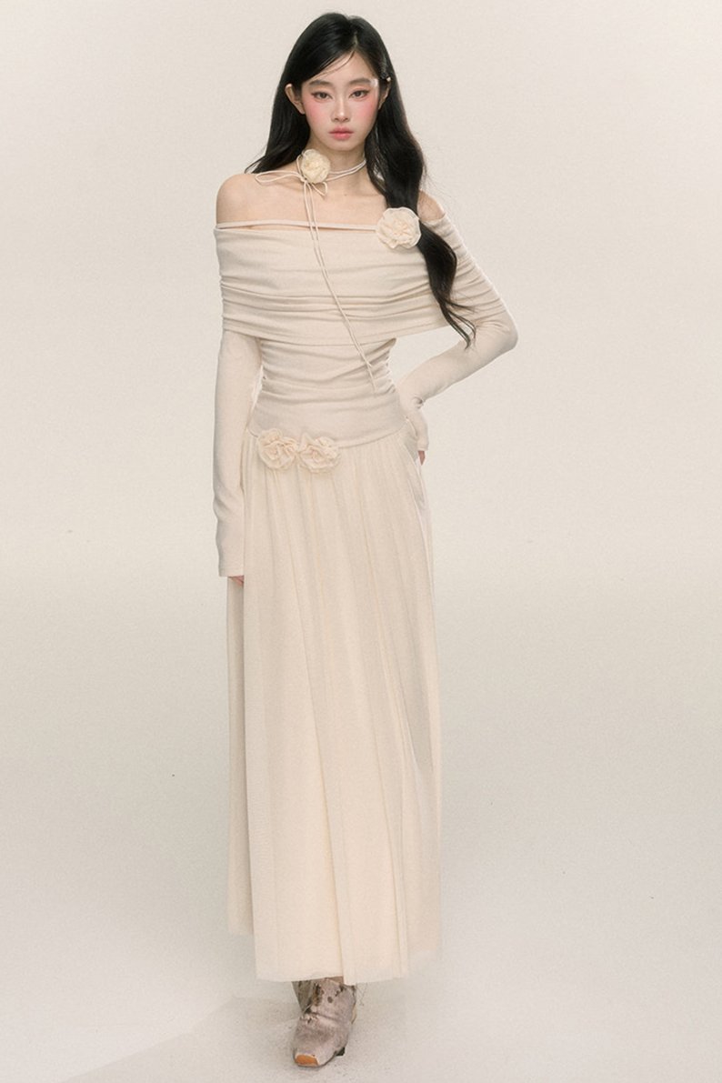 Long-Sleeve One-Shoulder Maxi Dress