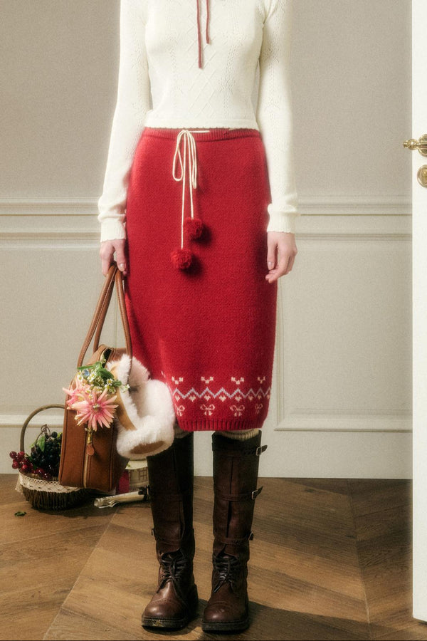 Contrast Wool Sweater Skirt Set-Up