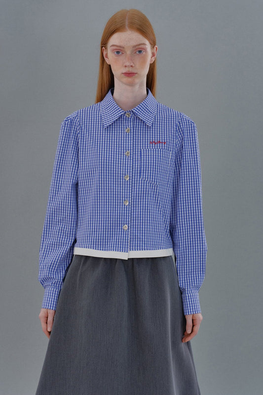 Lapel Check Cropped Princess Sleeves Shirt