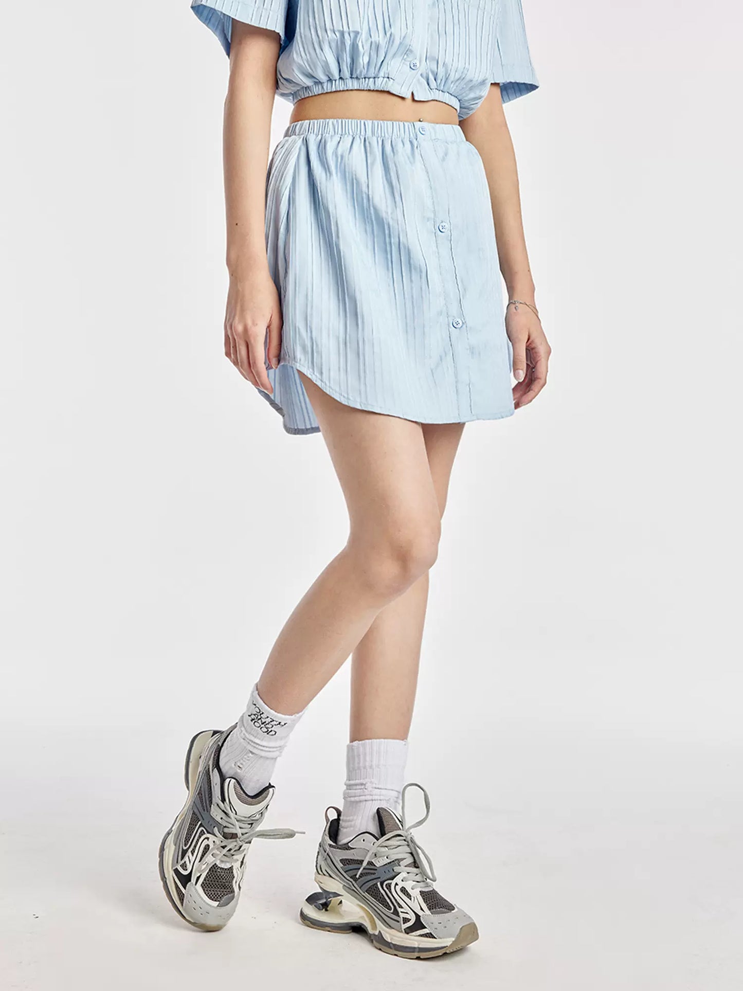 Sky Blue Elasticated Crop Shirt With Simple Skirt Set-Up