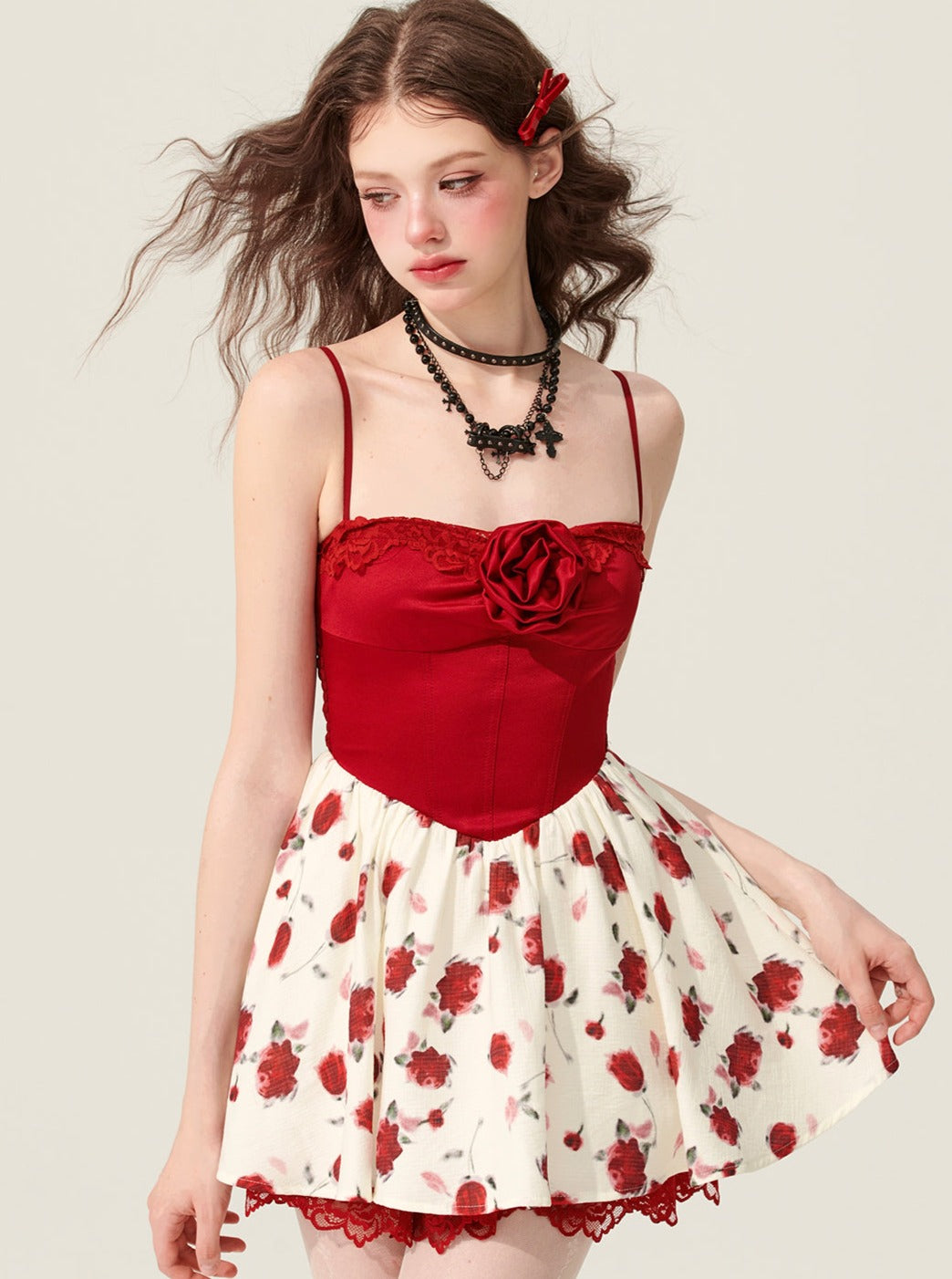 Weniger auch leicht betrunken, rosa rotes Slip-Kleid, Damen Sommer Taille cinched A-Linie Rock, floral schönen puffy Rock