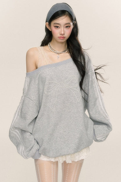 Slanted Shoulder Bow Loose Sweatshirt