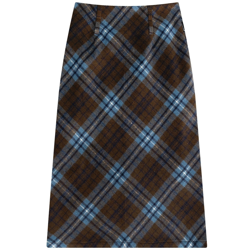 Blue Brown Retro Wool Skirt