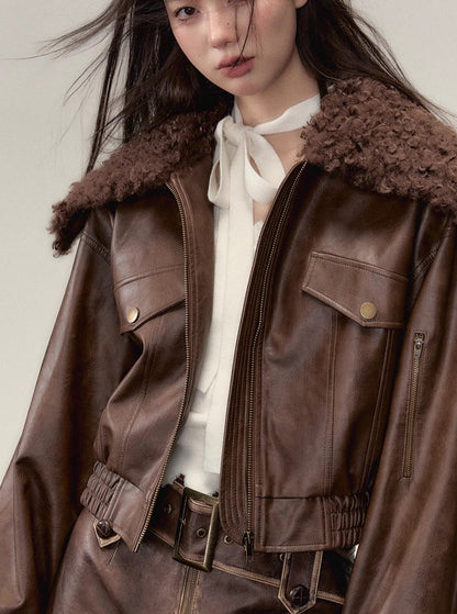 fur collar stitching pu leather jacket