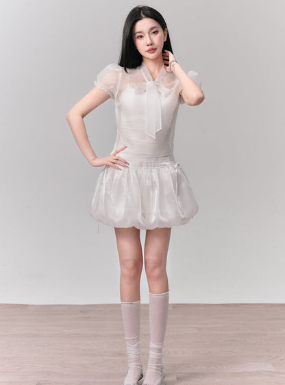 [Spot] fragile shop - vanilla marshmallow Sweet puff sleeve tie-up shirt bud skirt set