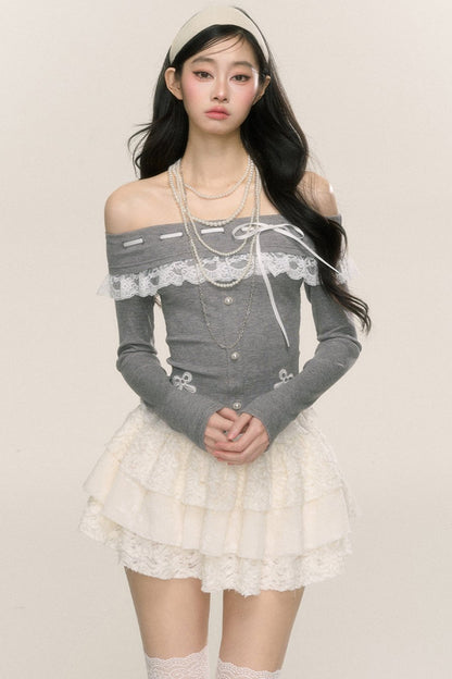 [September 26th 20 o'clock sale] less eye camellia rime one-shoulder lace long-sleeved T-shirt women's early autumn