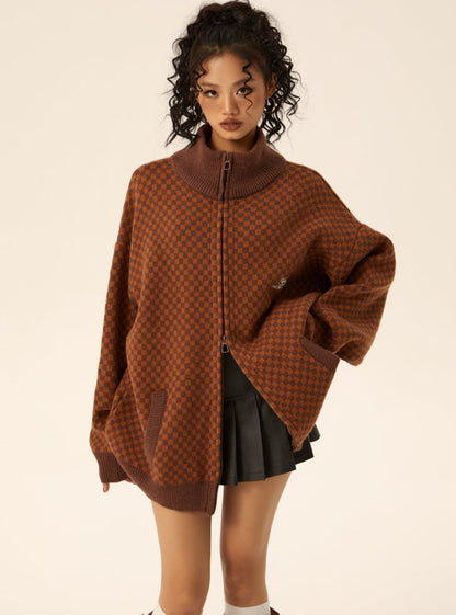 Retro high-neck loose knitted cardigan sweater jacket