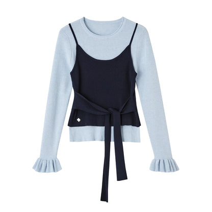 Fake Two Contrasting Tie-Up Sweater