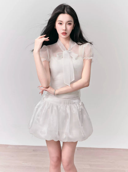 [Spot] fragile shop - vanilla marshmallow Sweet puff sleeve tie-up shirt bud skirt set