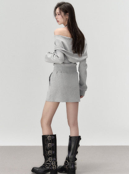 Lapel sweatshirt and skirt two-piece set