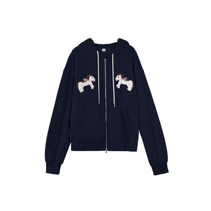 Gray Embroidered Hooded Sweatshirt Coat