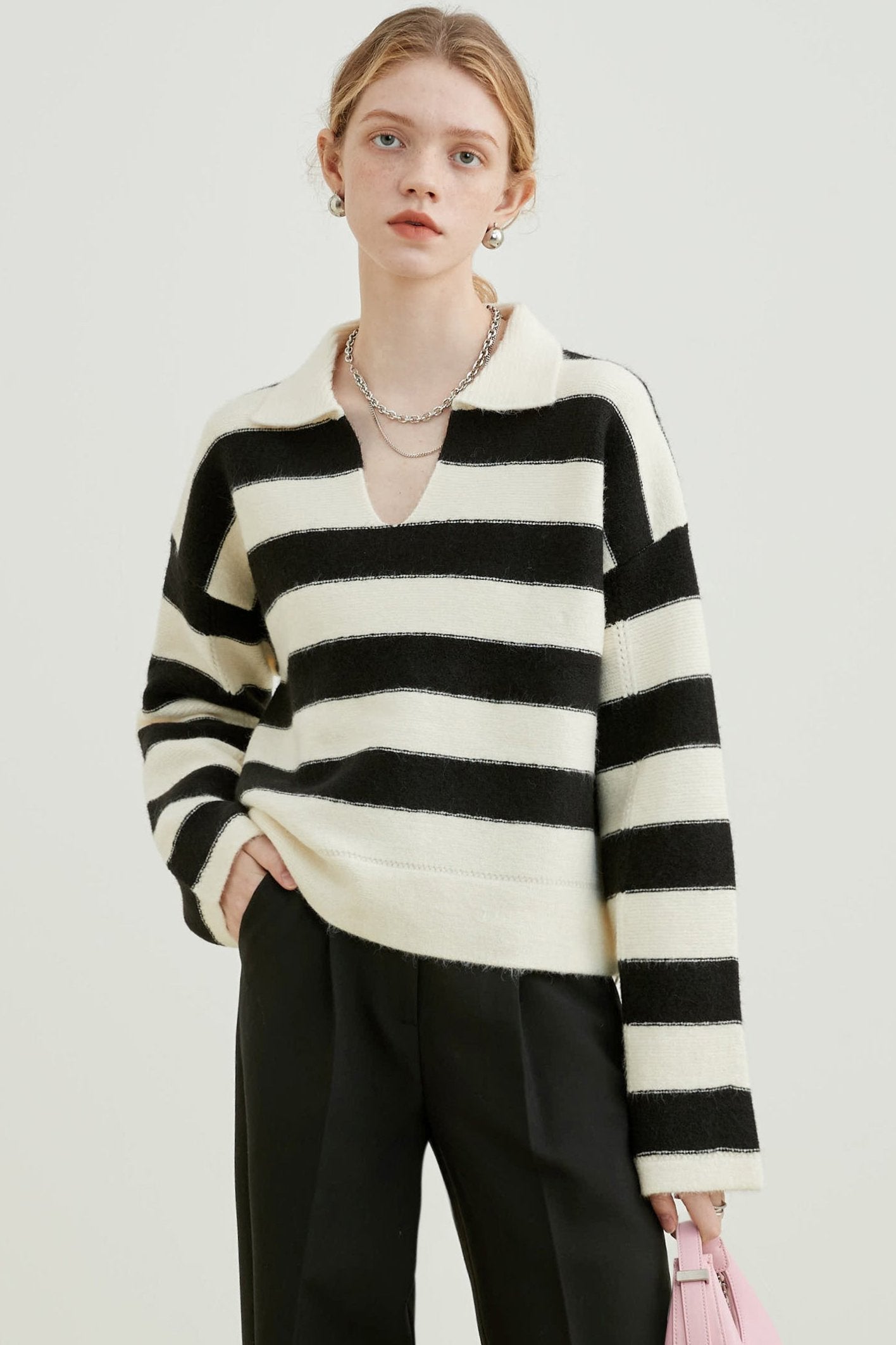 VEGA CHANG Sweater Women's Fall 2024 New Lazy Premium Polo Collar College Style Striped Knit