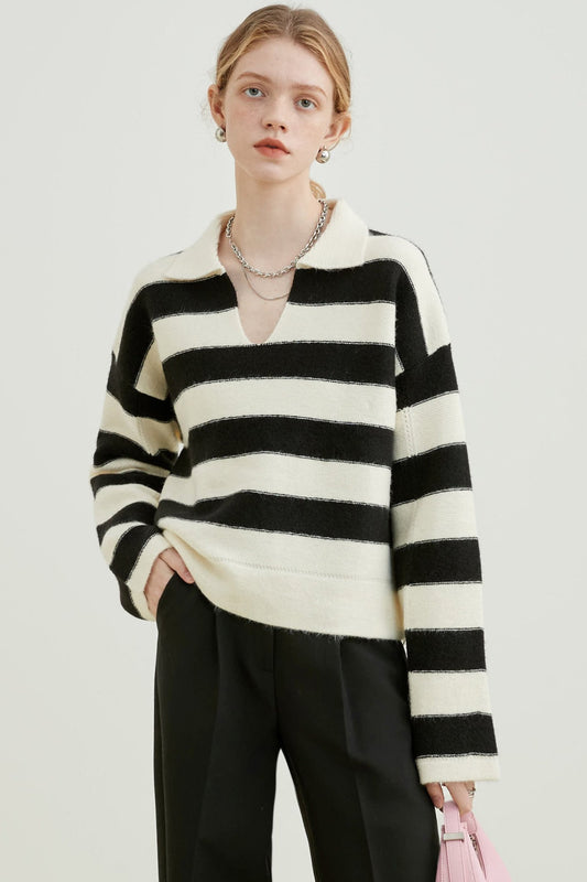 VEGA CHANG Sweater Women's Fall 2024 New Lazy Premium Polo Collar College Style Striped Knit