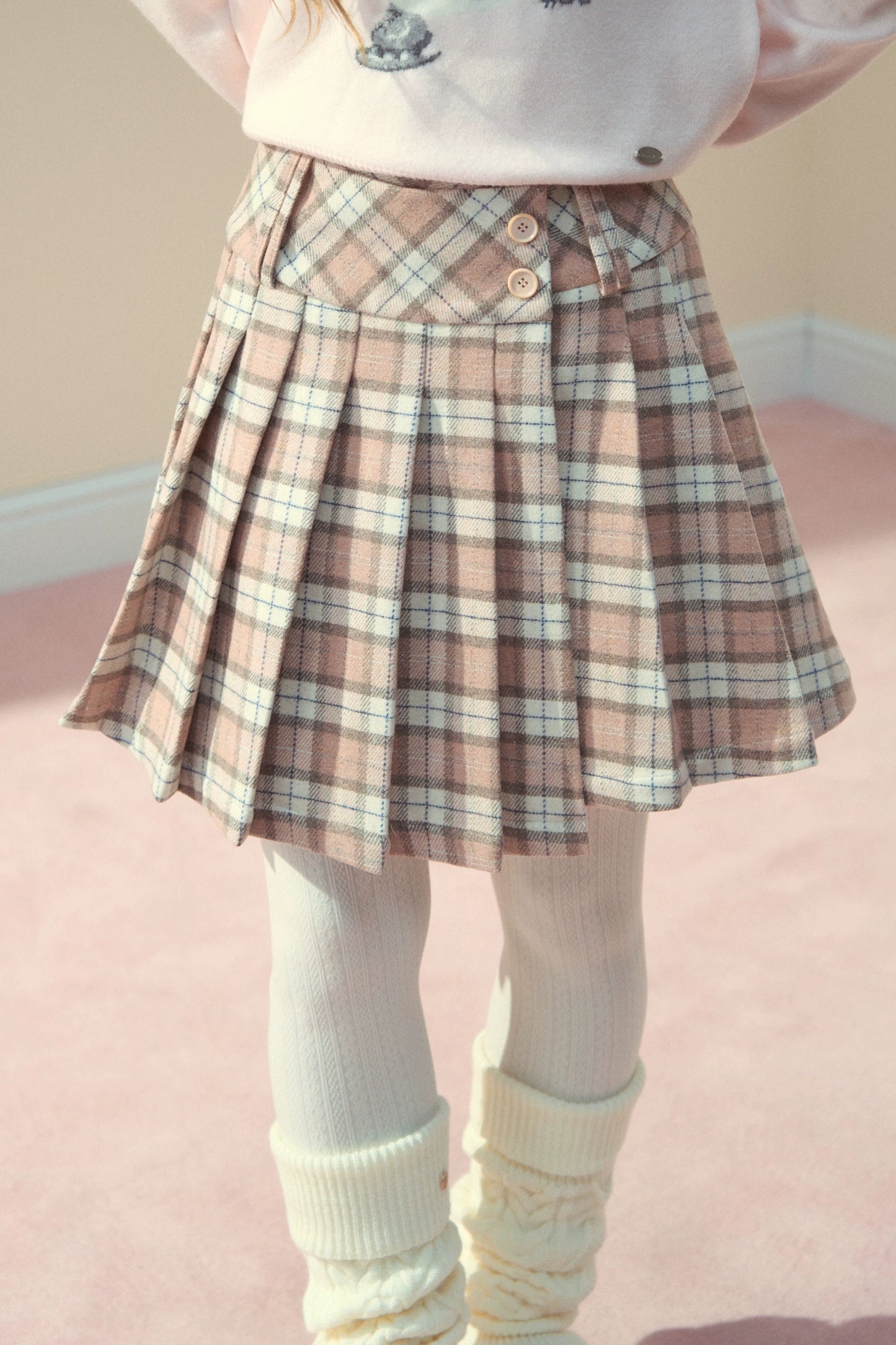 Pink Plaid Wool Pleated Skirt